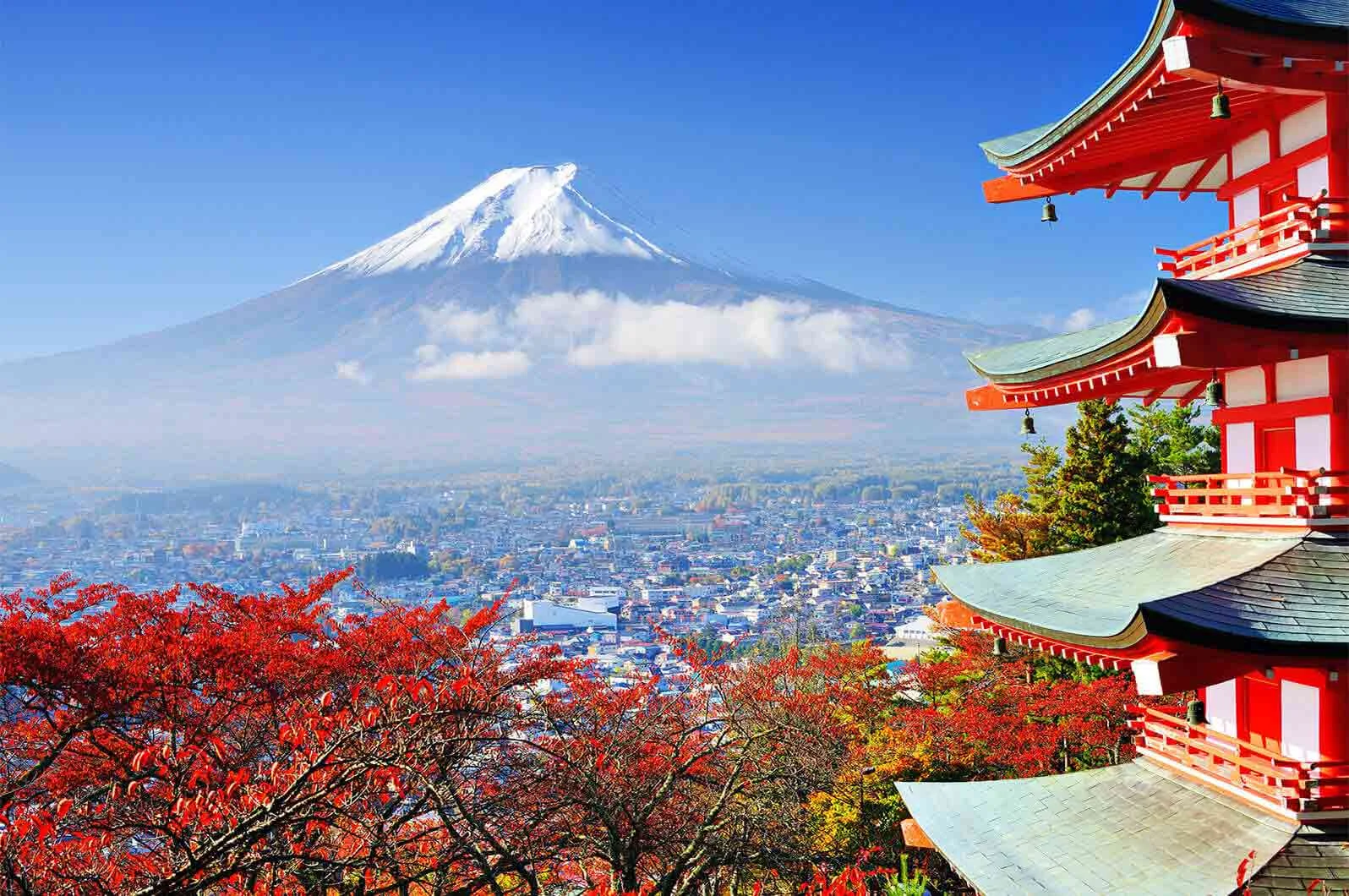 A view of Arakurayama Sengen Park and Mount Fuji in Japan. 