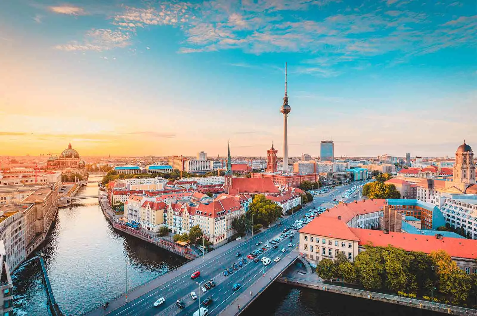 A view of Berlin in the light of a beautiful golden evening. Concept of English to German translation. 