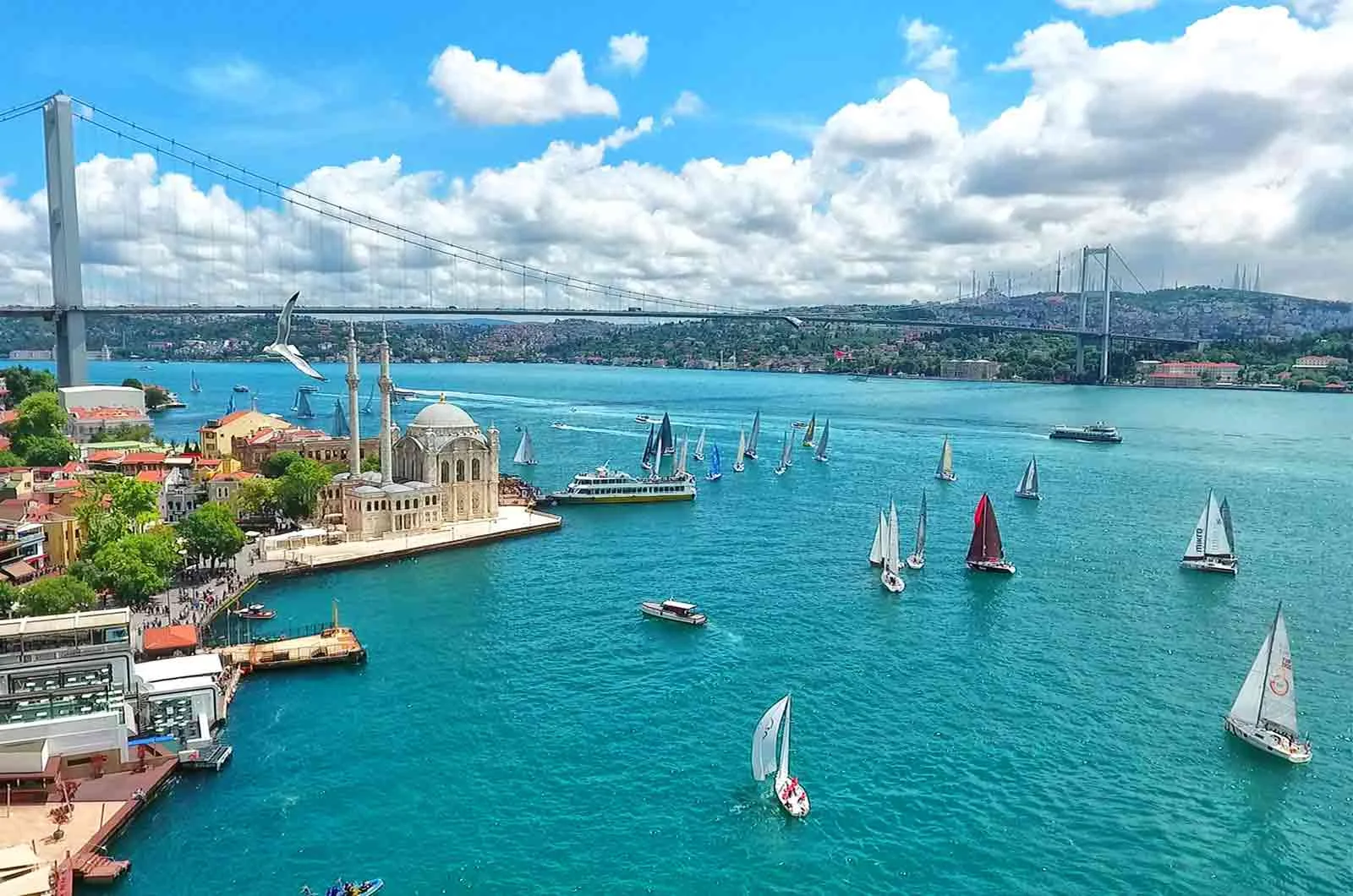Bosphorus Bridge and sailboats in the Bosphorus Strait and Ortakoy Mosque. Concept of English to Turkish translation.