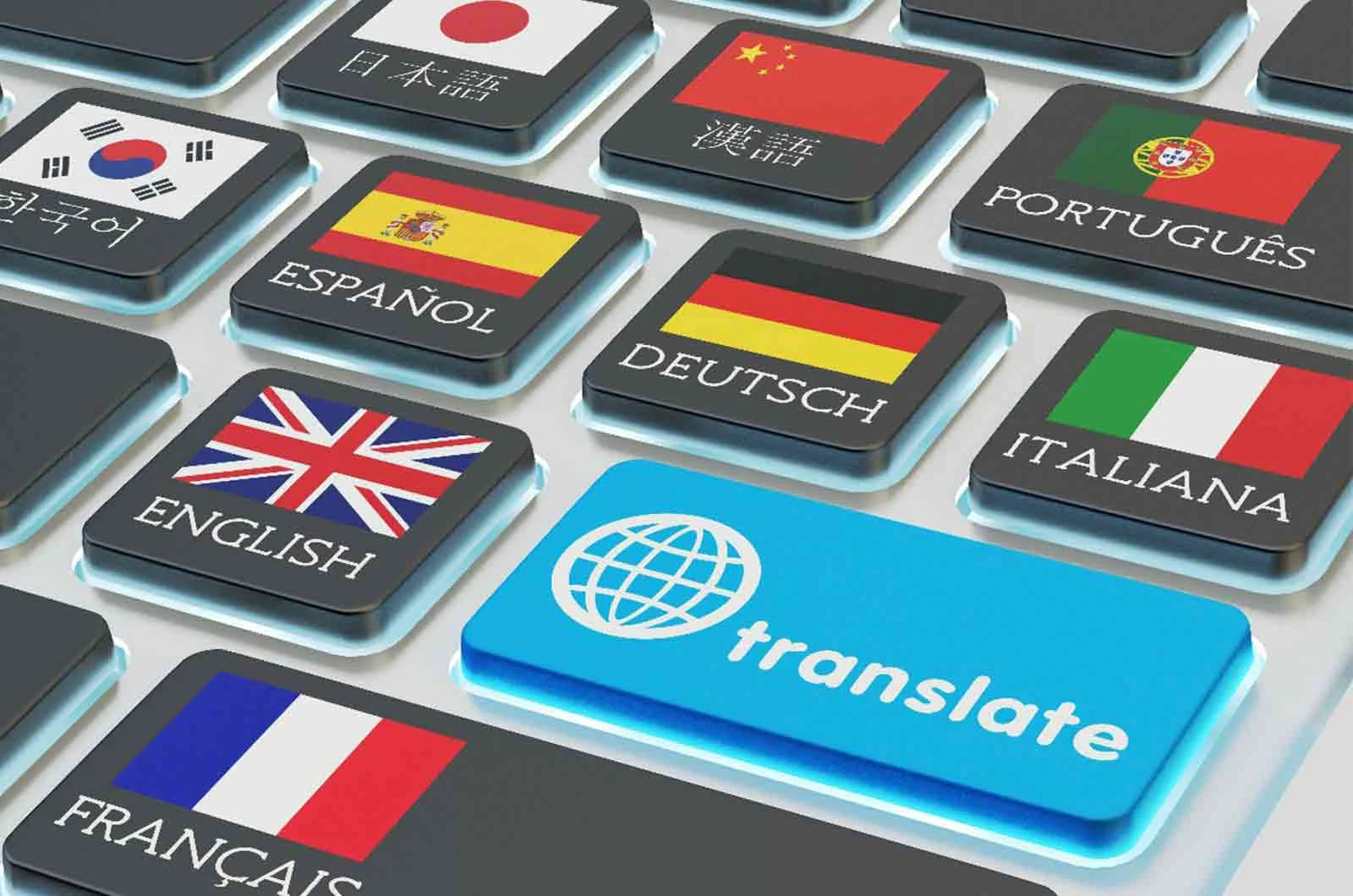 Keyboard with flags and languages of countries and a button saying “Translate”. Concept of professional translation services.