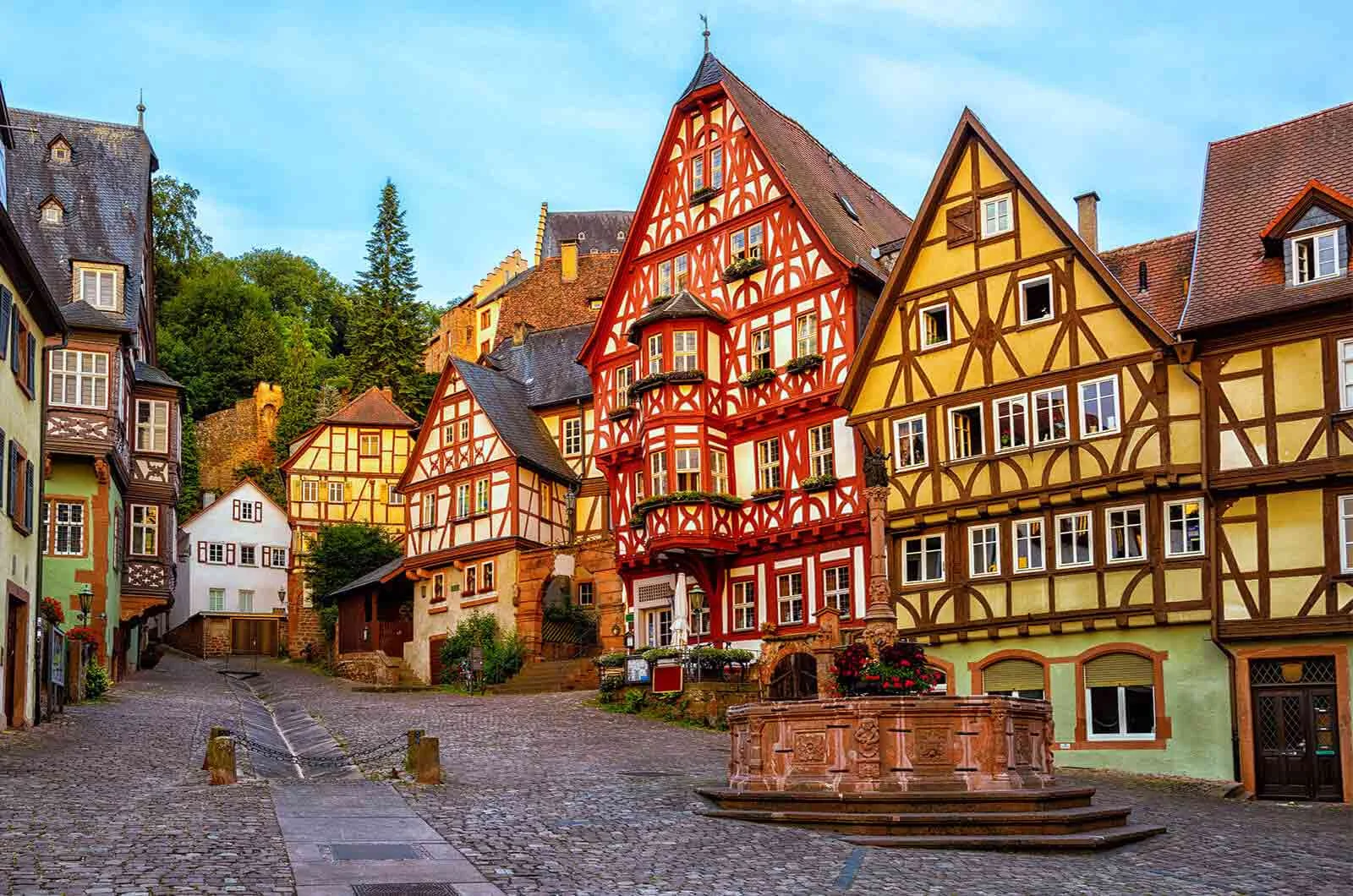 Colourful and wooden houses in an old historical city in Germany. Concept of German translation services.