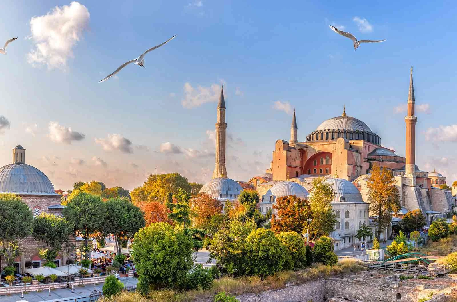 A picture of the sunset and Hagia Sophia Mosque in Istanbul, Turkey. Concept of Turkish translation.
