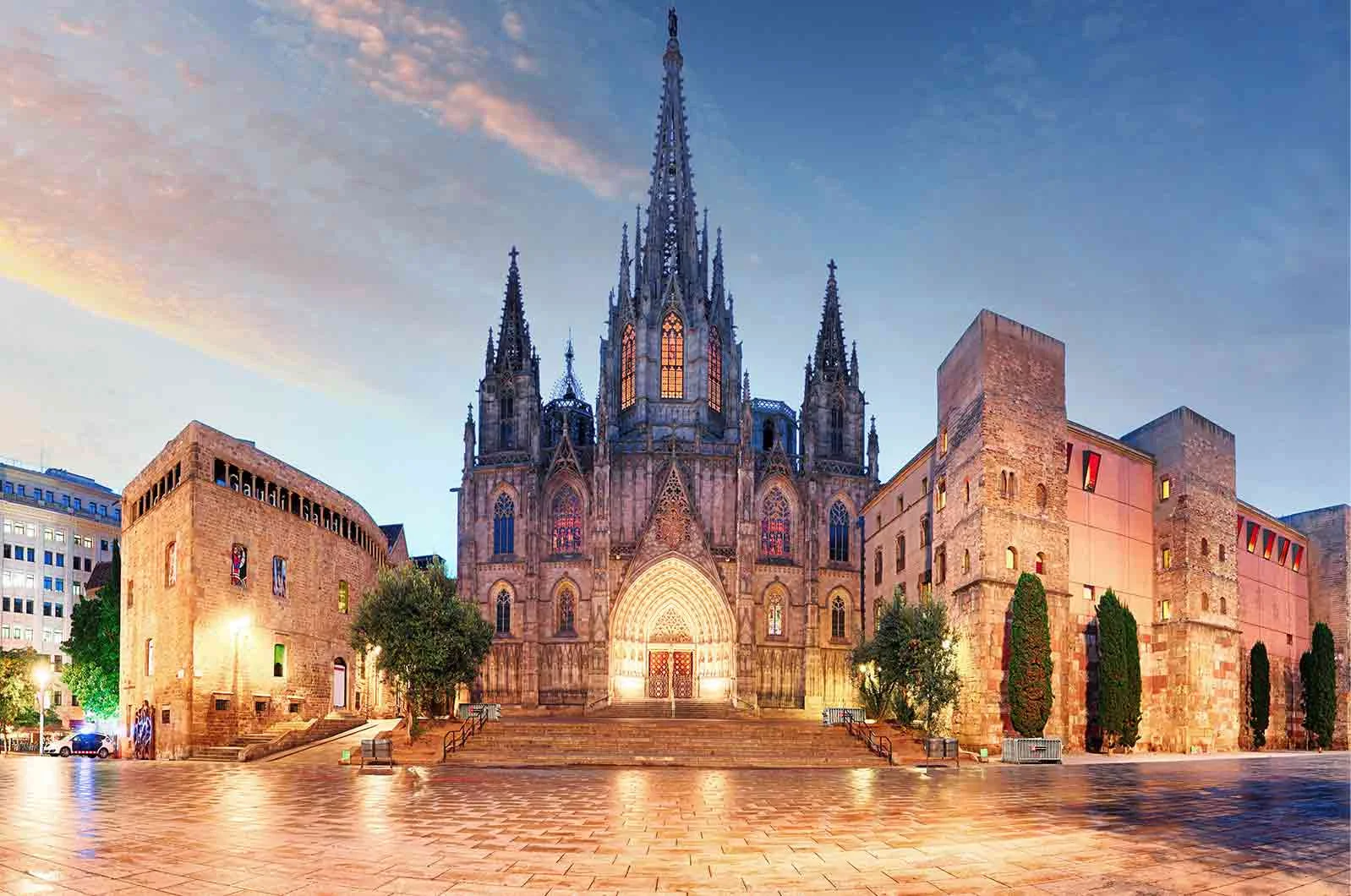 Magnificent view of Barcelona's Gothic cathedral in Spain. Concept of English to Spanish translations. 