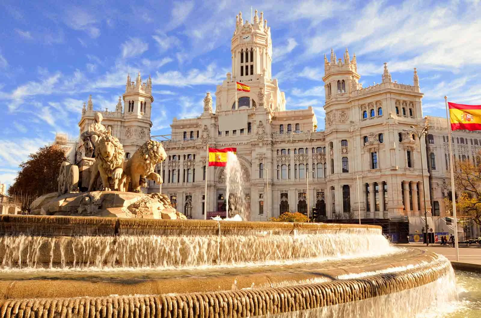 The neoclassical Fountain of Cybele during daytime in Madrid, Spain. Concept of the Spanish language and speakers with some facts.