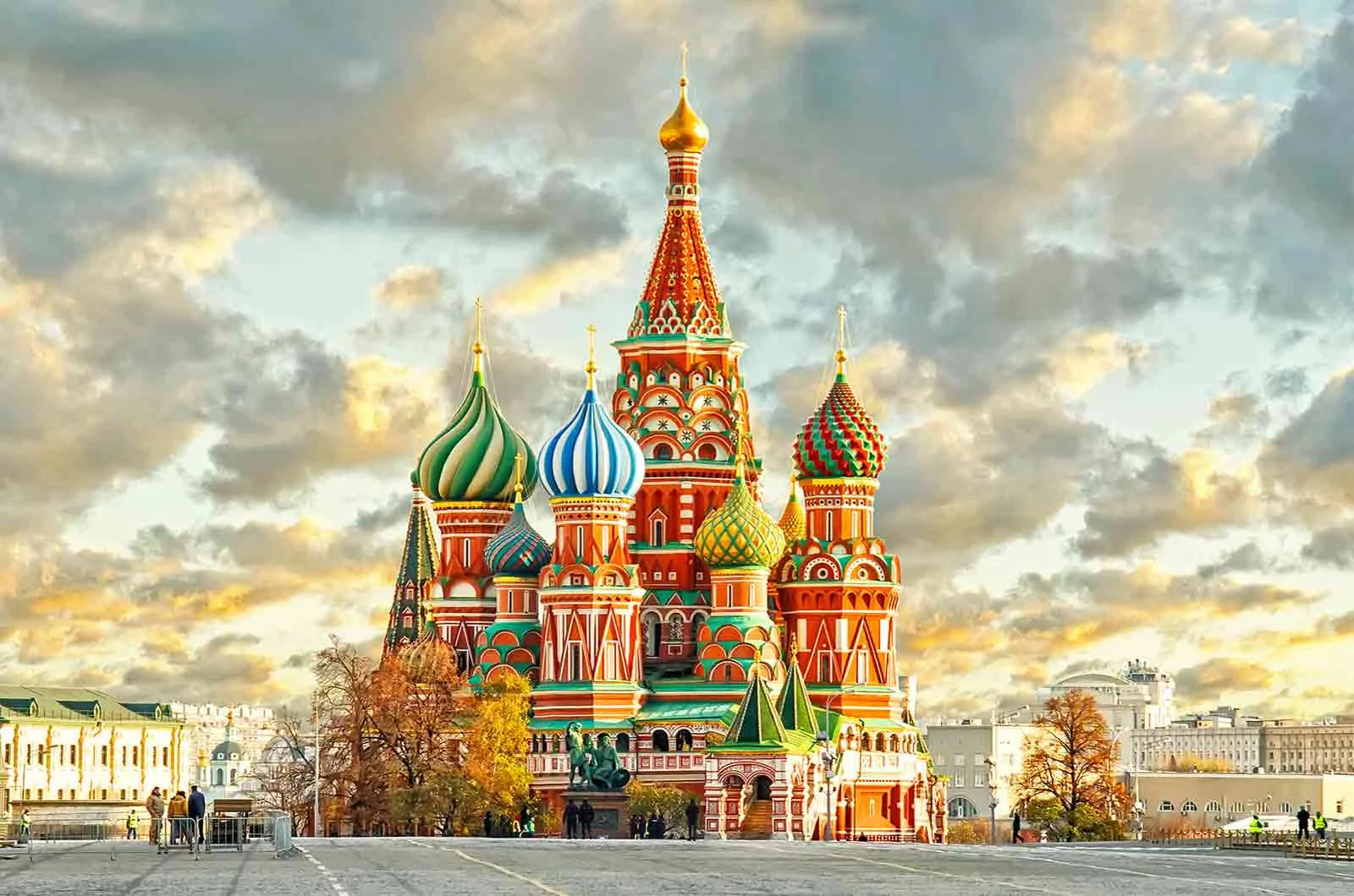 St. Basil's Cathedral in Moscow and its beautiful colours and domes. Concept of English to Russian translation. 