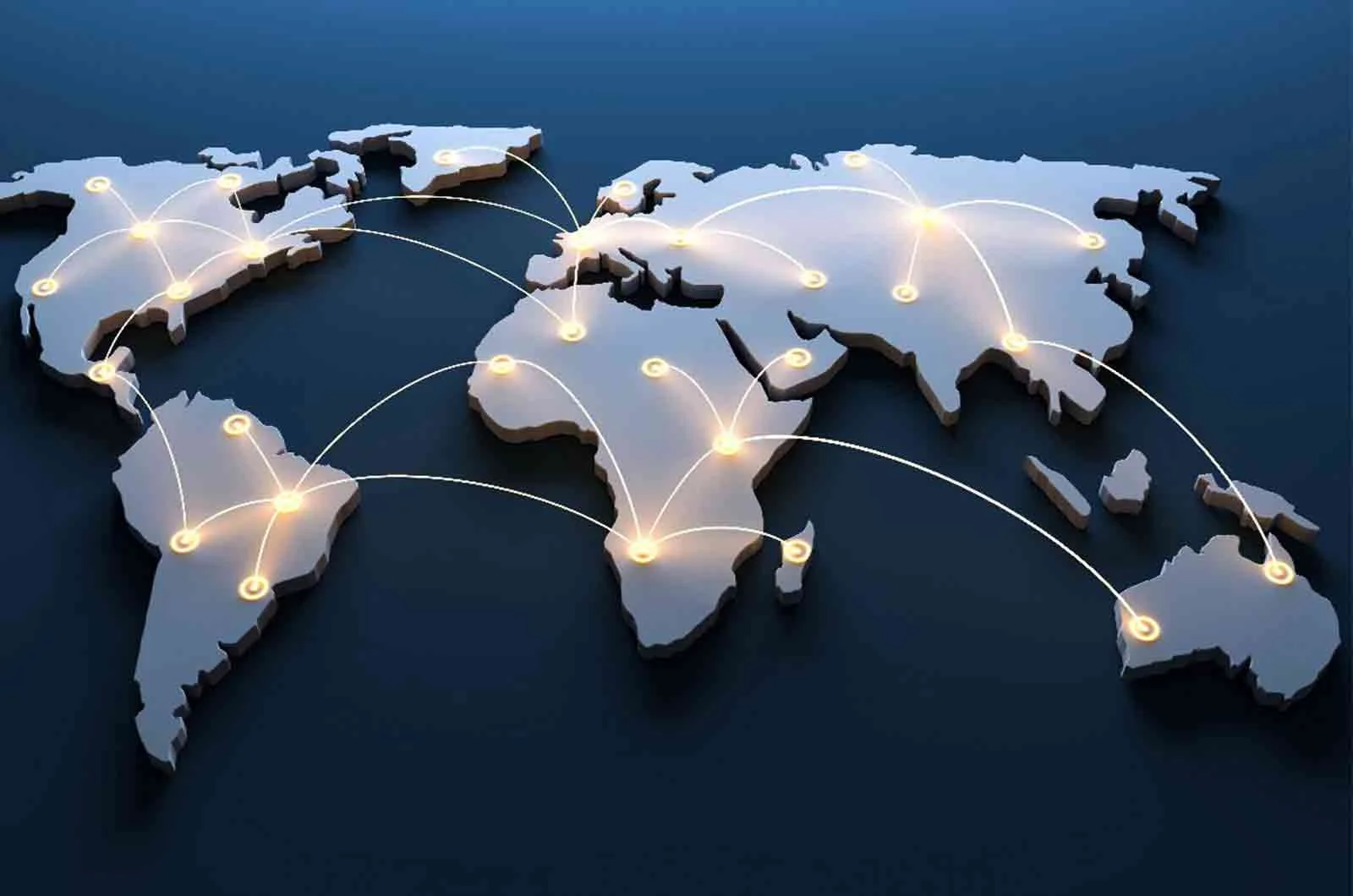 World map with locations marked with yellow lights and beams connecting them. Concept of website localisation.