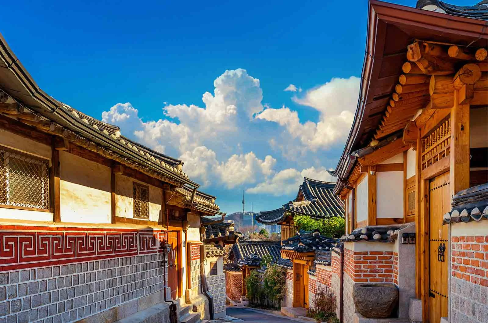 Sunrise in a village and alleys with beautiful houses in South Korea. Concept of Korean translations.
