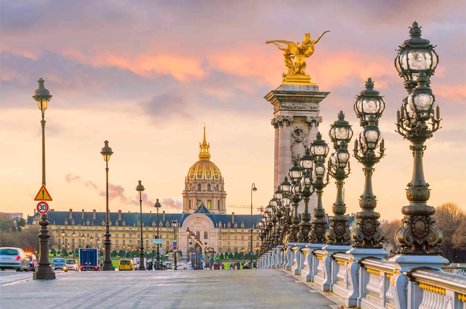 Spectacular sunrise view of the Alexander III Bridge across the Seine. Concept of French translation service.