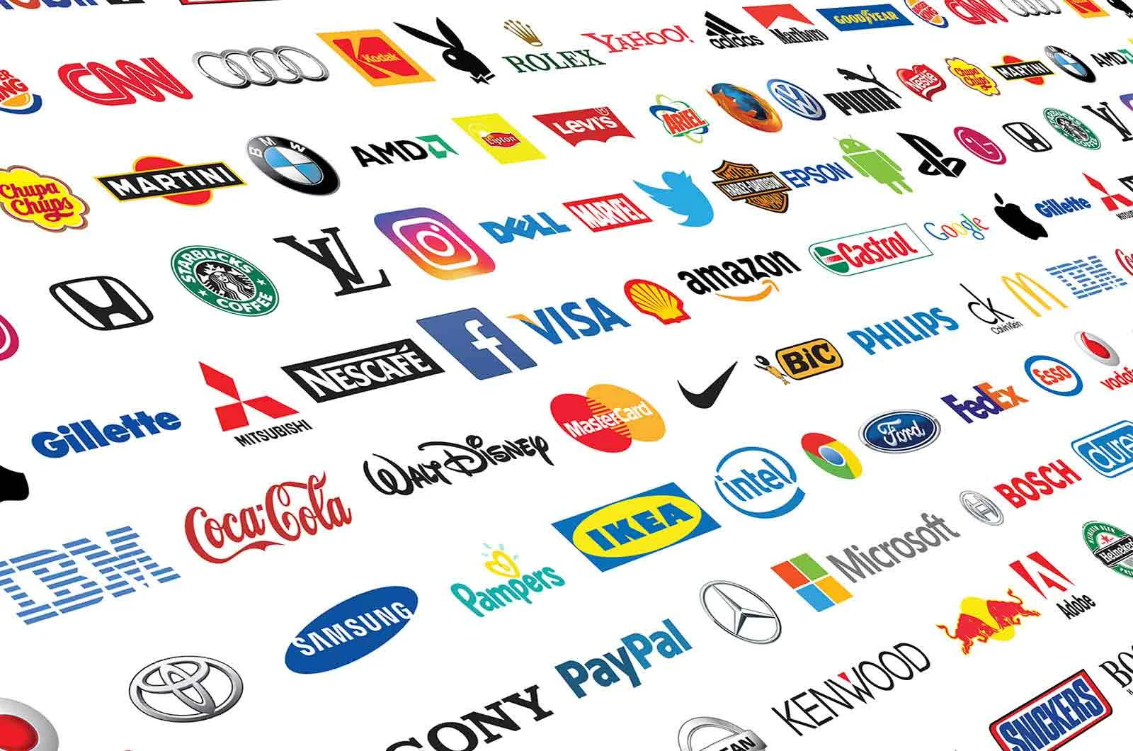 Collection of logos of global brands printed on paper. Concept of brand naming and brand translation.