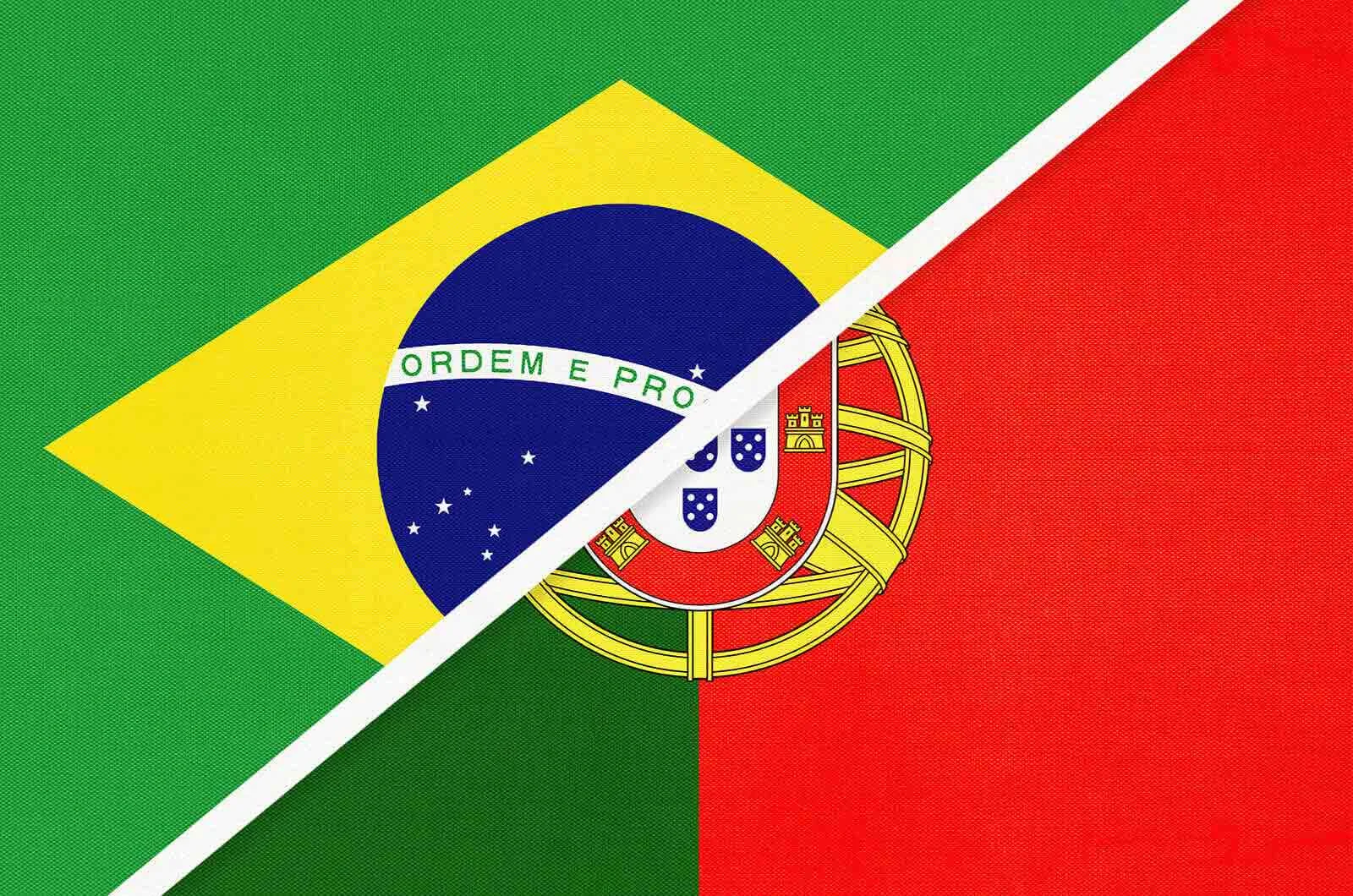 A picture of the flag of Brazil and the flag of Portugal. Concept of the Portuguese language in Portugal and Brazil.