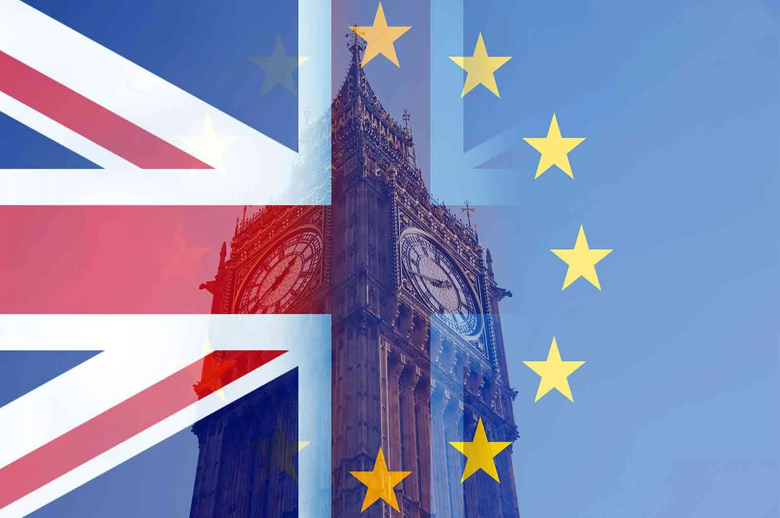 Silhouette of United Kingdom flag and European Union flag over Big Ben. Concept of language translation services market after Brexit.