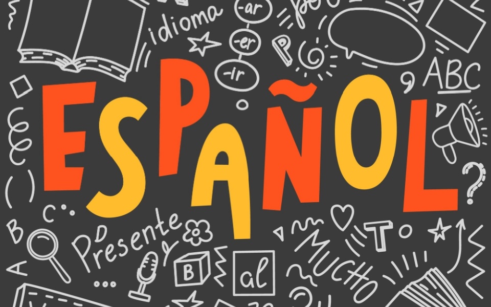 Espanol. "Spanish accent" translation. Spanish writing and doodling. "Presente, hola, idioma, futuro, mucho, para, verbos." Translate: "present," "hello," "language," "future," "a lot," "for," verbs. 