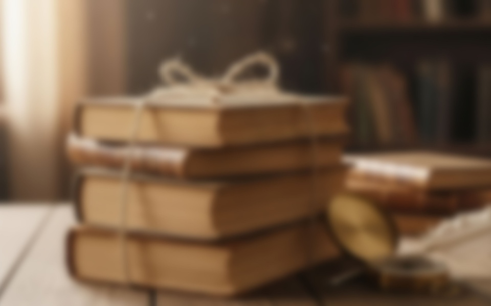 Ancient books on an antique wooden desk with a feather and compass. Ancient text translation.