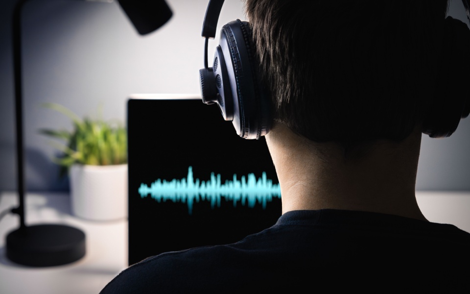 Linguist working with headphones converting audio speech to text. 