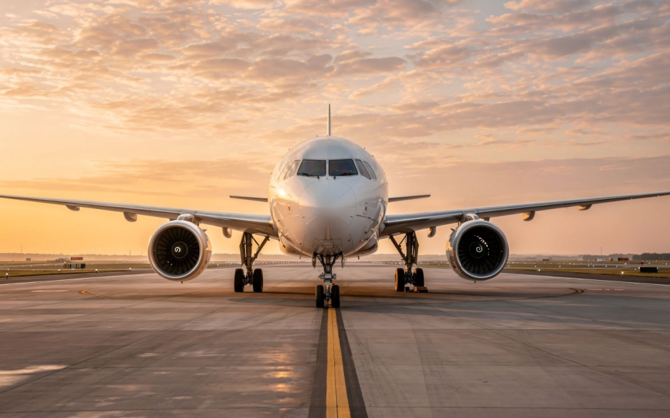 A symbol of international air travel, a commercial jet taxiing on the runway at dawn under a gentle golden sky. Aviation translation services. 