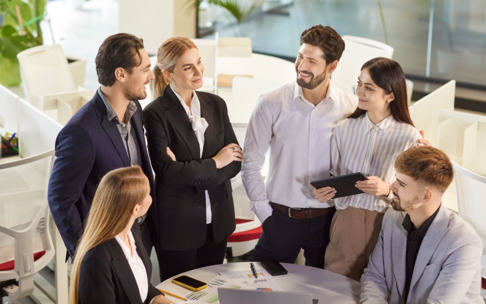A professional translation services team working in modern translation company office, discussing translation projects and business development during formal meeting. 