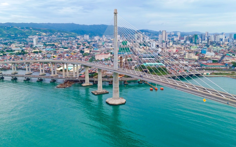 View from the air of Bridge CCLEX in the city of Cebu in Philippines. Tagalog translation services. 