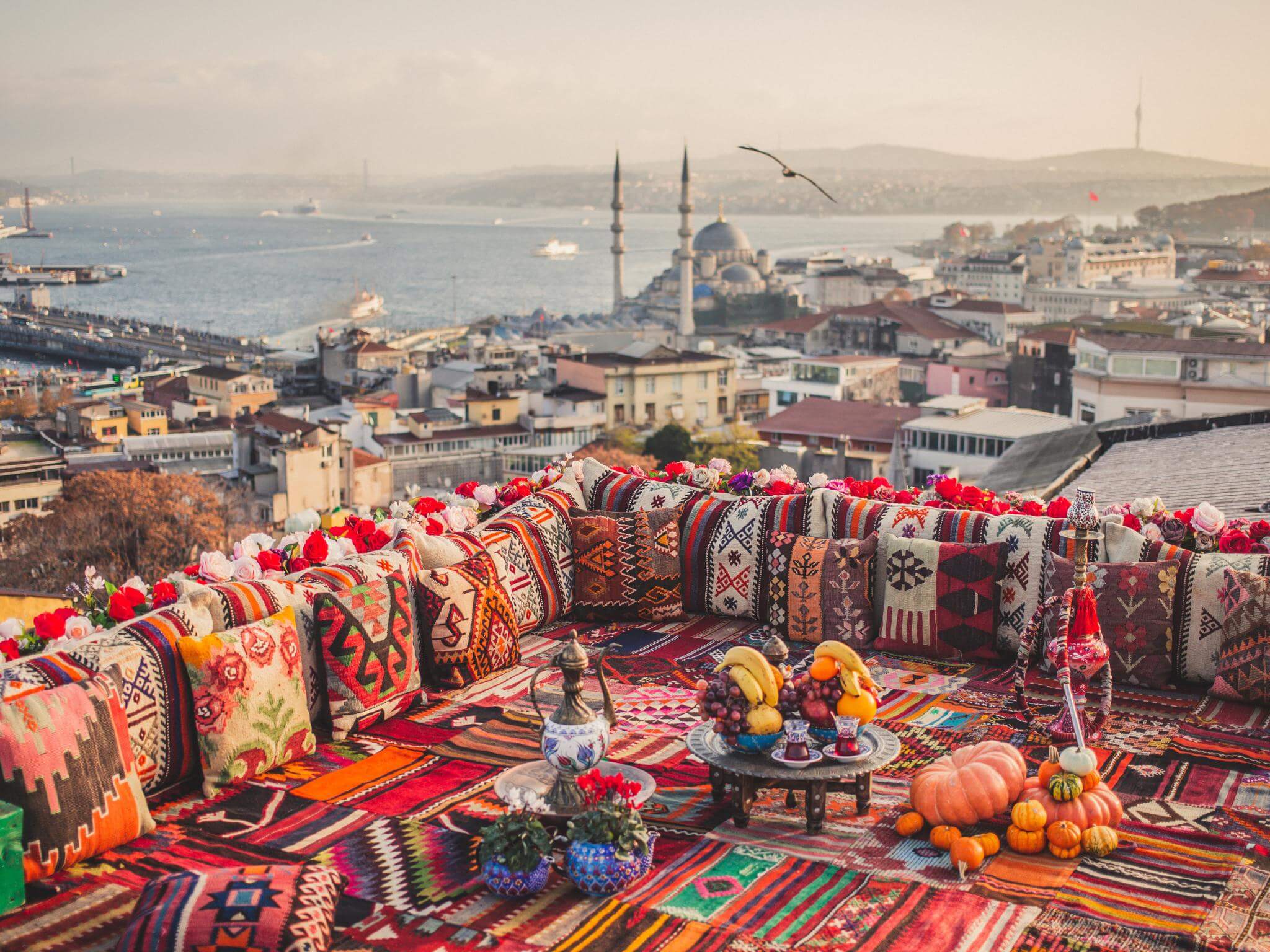 The Blue Mosque in Istanbul, Turkey, with a half-cloudy sky and a view of the sea of Marmara. Concept of Turkish language in Turkey, Turkish alphabet, Turkish words and learning Turkish.
