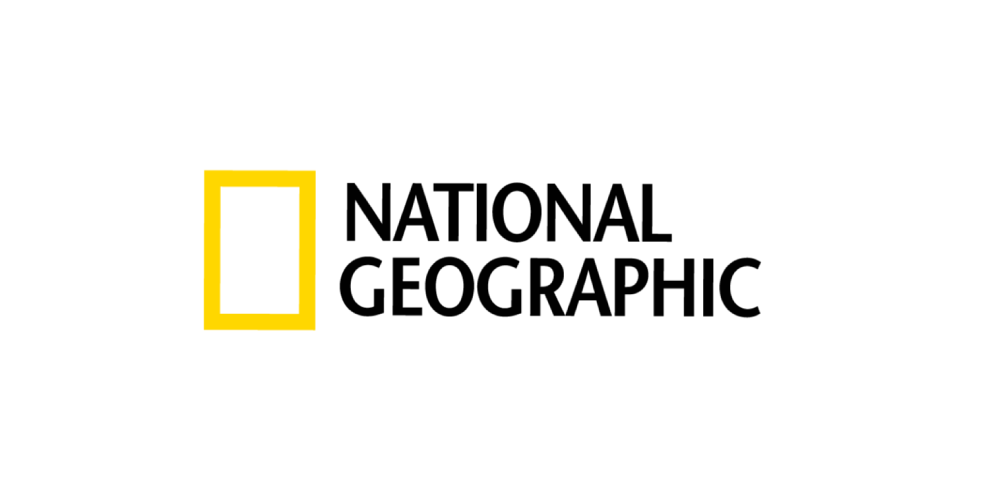 The black block letters of National Geographic with a yellow rectangle. Customer buying translation services by professional language translators.