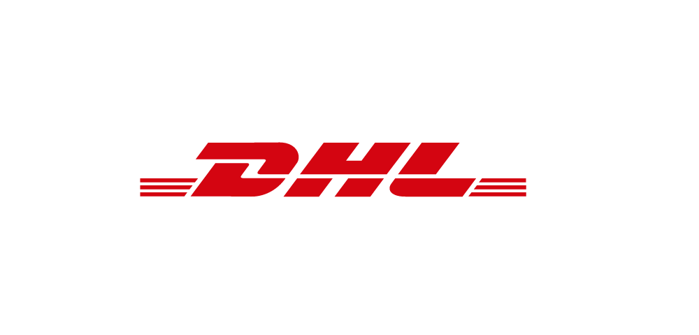 The red, block-lettered DHL logo. Transportation translation services customer.
