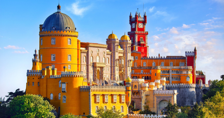 The Pena Palace, a brightly-coloured Romanticist castle near Sintra, Portugal. Concept of Portuguese translation services by professional Portuguese translators.