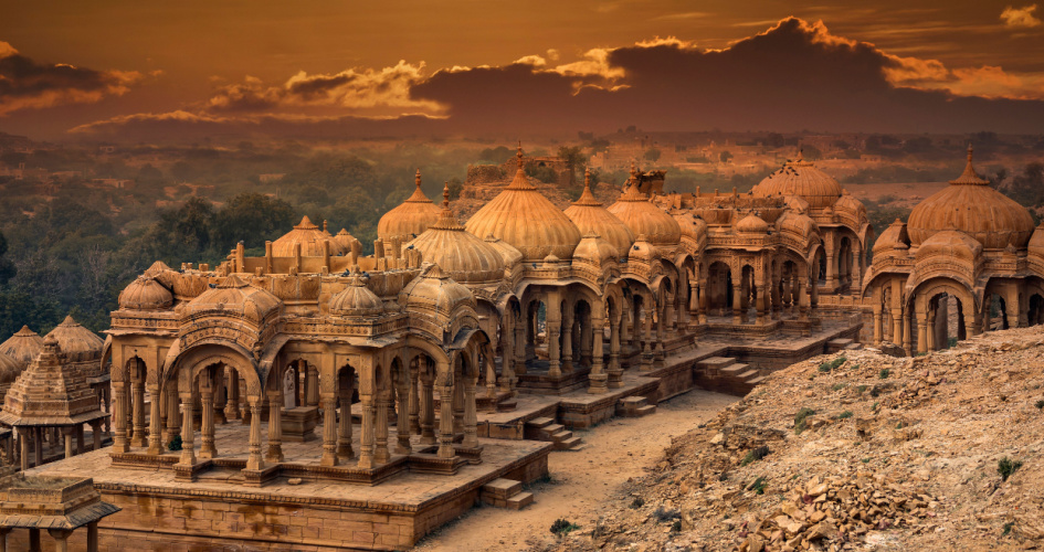 Bada Bagh Temple, a garden complex with memorial sandstone chhatri cenotaphs, Rajasthan. Concept of Hindi translation services by professional Hindi translators.