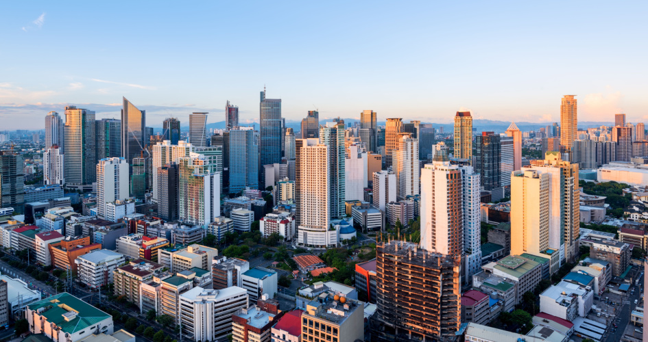 Aerial view of the business district of Manila. Concept of Filipino translation services. 