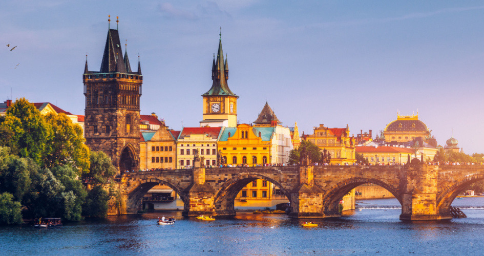 View of Charles Bridge and Tower of Charles Bridge, Prague. Concept of Czech translation services.