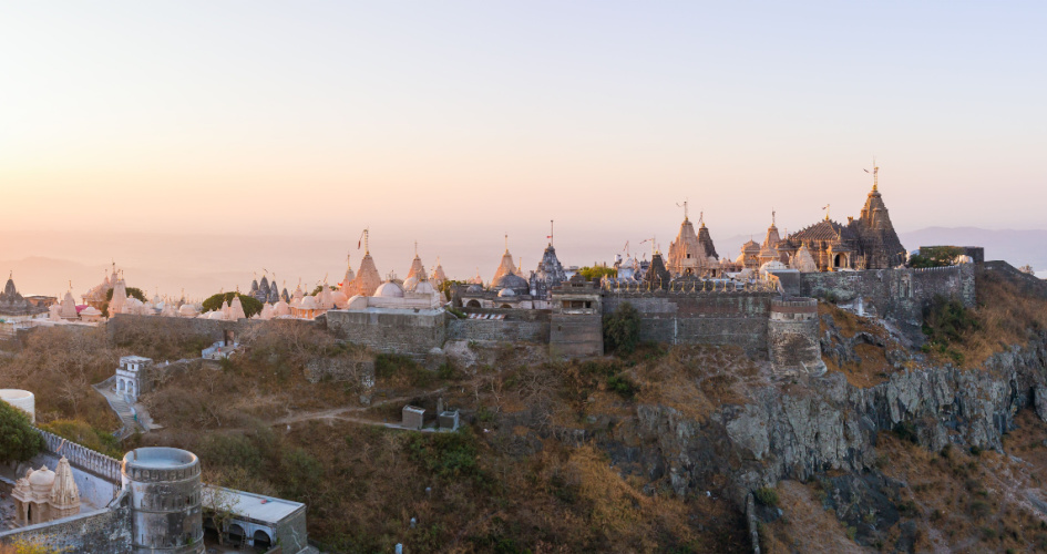 Panoramic view of Jain temples on the top of Shatrunjaya hill. Concept of Gujarati translation services.