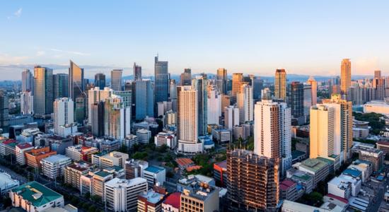 Aerial view of the business district of Manila. Concept of Filipino translation services. 