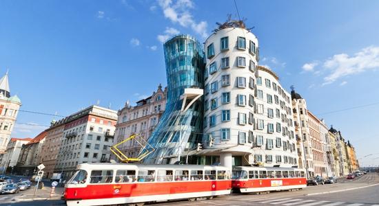 View of Ginger nad Fred, a dancing house in Prague. 