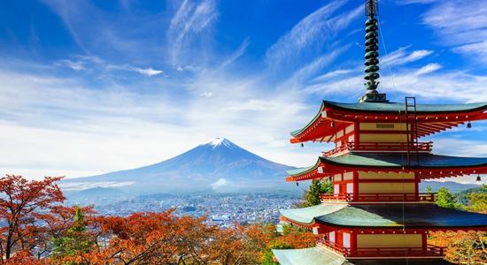 The five storied Chureito Pagoda overlooking Mount Fuji and Fujiyoshida City.