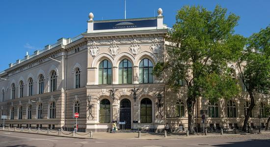 The central branch of the Bank of Latvia, a white building, Riga.