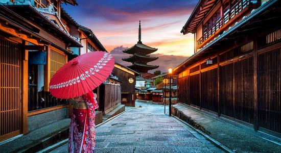 A Japanese street with a traditionally dressed woman and a pagoda. Concept of professional Japanese translators.