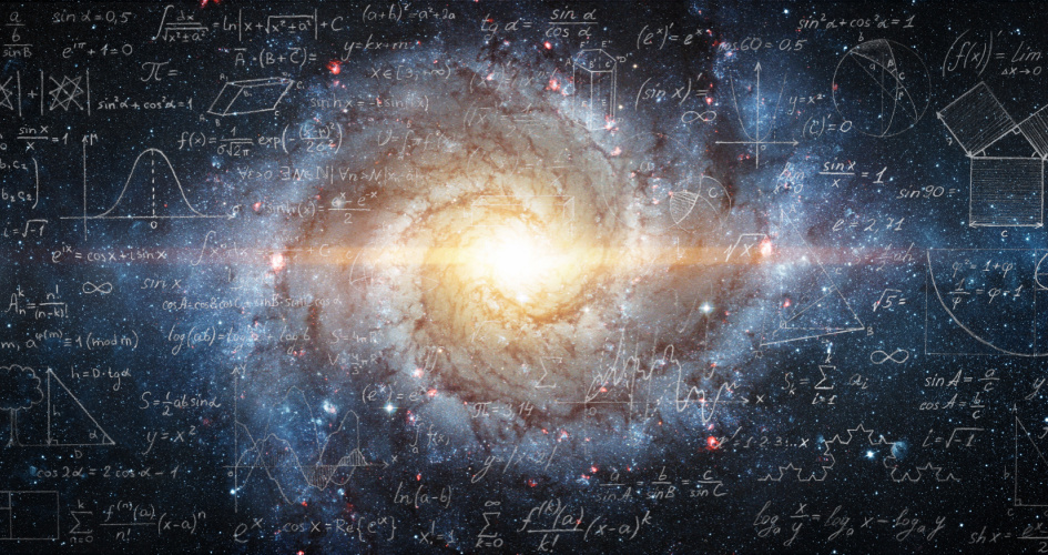Messier 74 spiral galaxy with mathematical equations overlaid. Concept of math translation services.