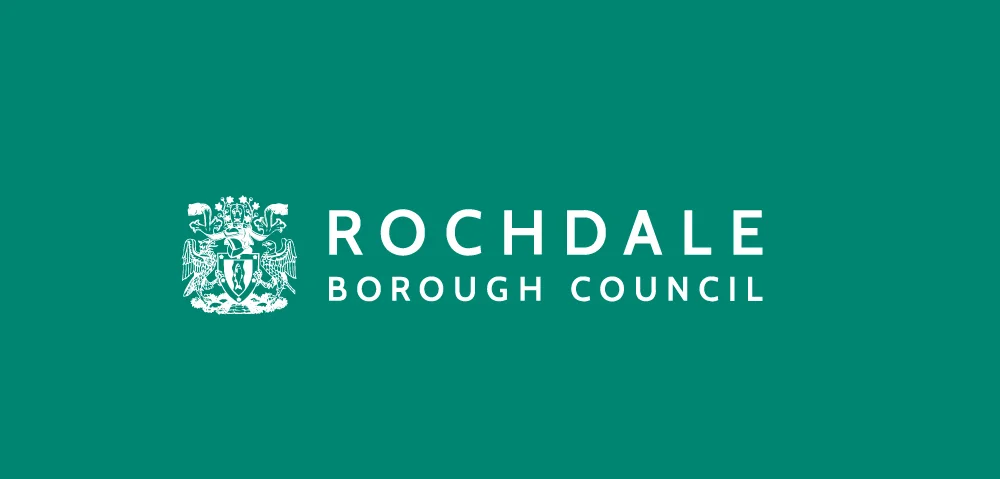 Green rectangle with white crest and logo of Rochdale Borough Council. 