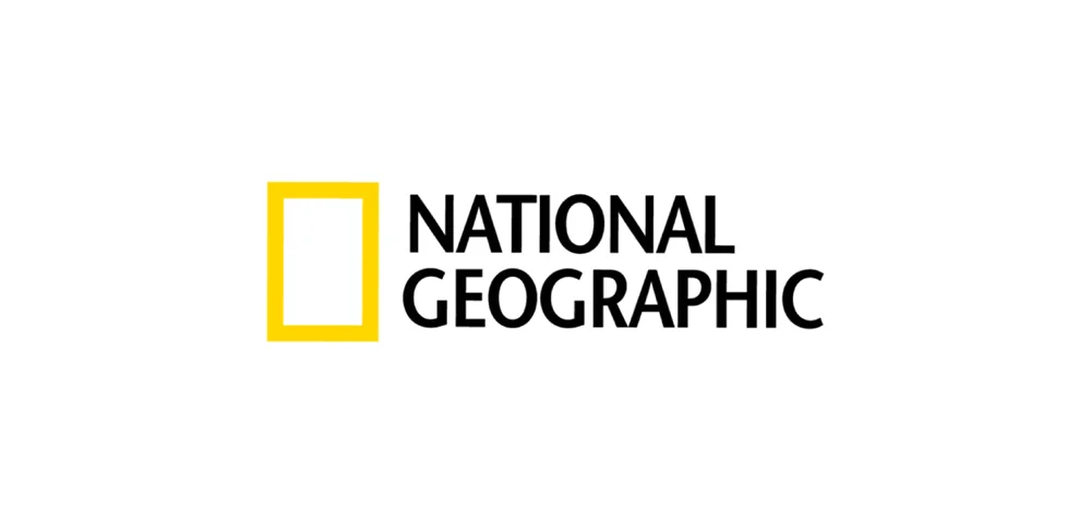 The black block letters of National Geographic with a yellow rectangle.
