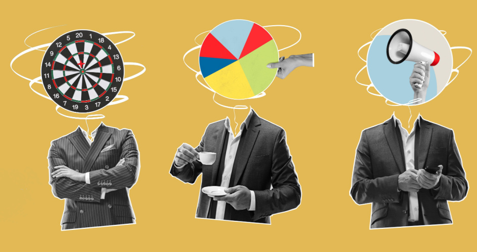 Clipart of three businessmen with a dartboard, piechart, and megaphone for heads. Concept of advertising translation services.