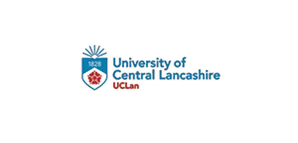 The blue and red logo of University of Central Lancashire, with crest.