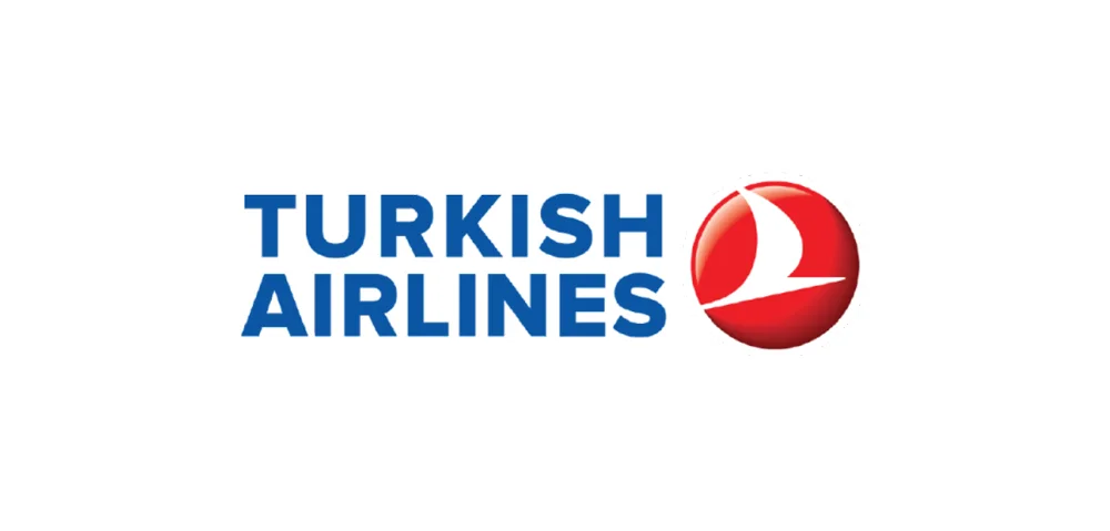 Blue letters of Turkish Airlines, next to red and white bird logo.