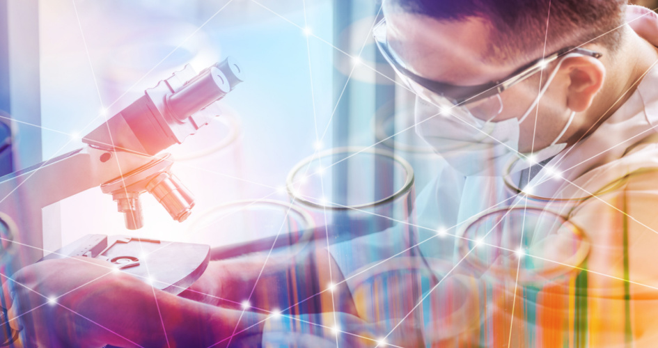 Scientist in lab gear working with microscope, colourful triangular graphics overlaid. Concept of scientific translation services.