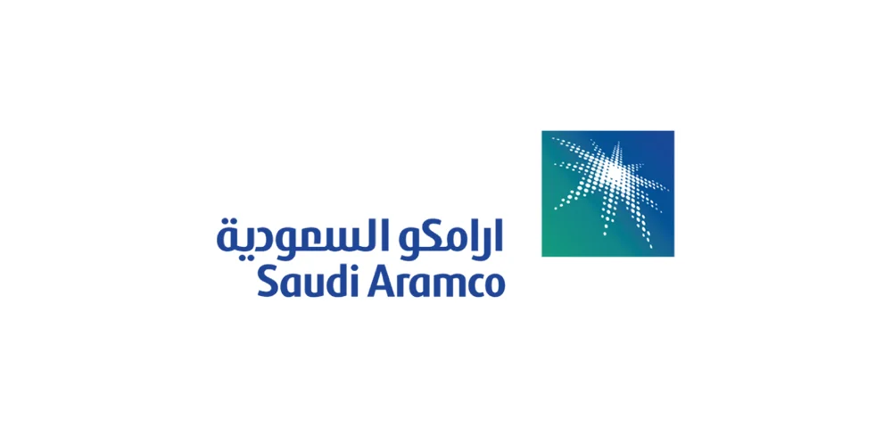 The blue and green logo of Saudi Aramco in English and Arabic.