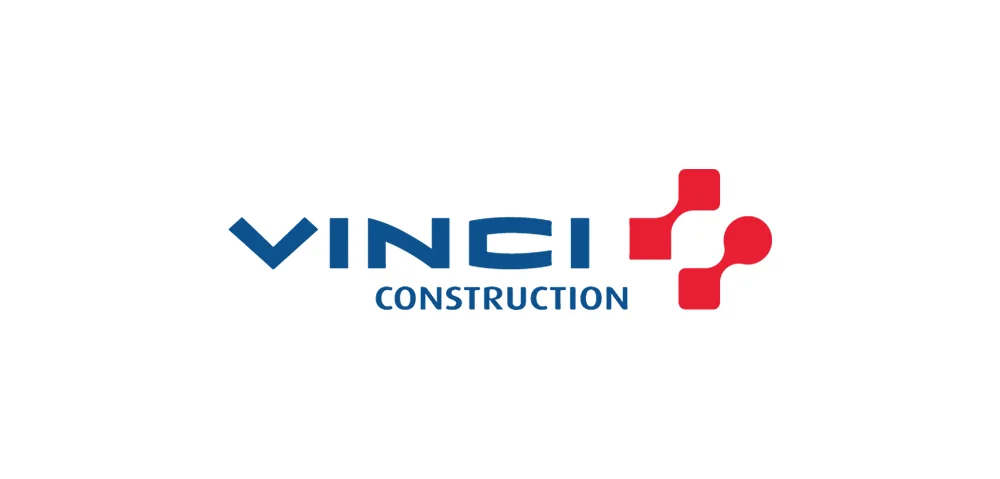 The red logo and blue block letters of Vinci Construction. 