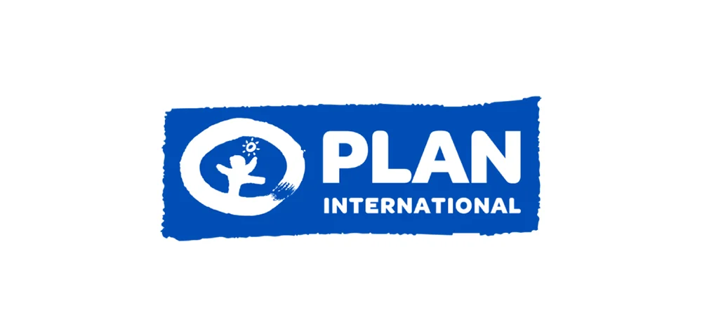 The blue and white logo and symbol of Plan International.