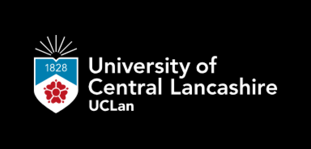 The blue and red logo of University of Central Lancashire, with crest.