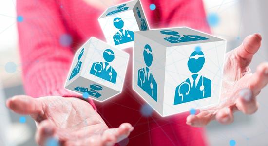 Two hands apparently levitating three cubes with doctor clipart on them.